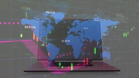 Animation of financial data processing and world map over laptop Stock Footage 329418099