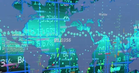 Animation of financial data processing and world map over blue background Stock Footage 329498184