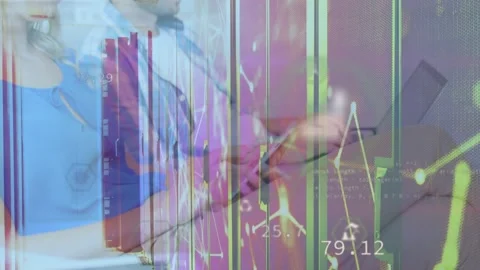 Animation of financial data processing and computer servers over woman using Stock Footage 329511274