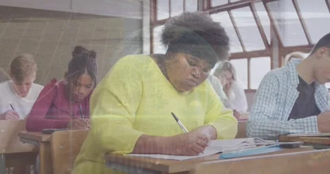 Animation of financial data processing and globe over diverse highschool Stock Footage 329560776