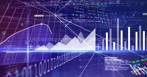 Animation of financial data processing and binary coding over dark background Stock Footage 329690366