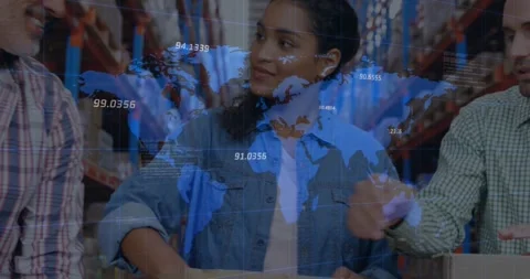 Animation of financial data processing and world map over diverse workers in Stock Footage 329704103