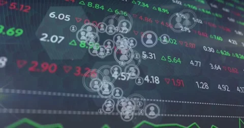 Animation of financial data processing and icons over shapes Video stock 329707045