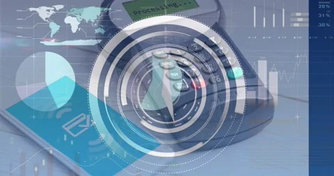 Animation of financial data processing and scope over smartphone and payment Stock Footage 329781419