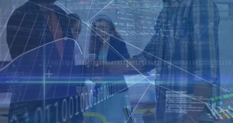 Animation of financial data processing and binary coding over business people Stock Footage 329858589