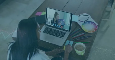 Animation of financial data processing and security camera over woman using Stock Footage 329923840
