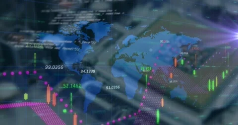 Animation of financial data processing and world map against close up of a Stock Footage 330105862