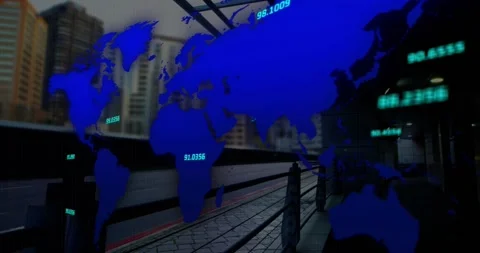 Animation of financial data processing and world map over city Stock Footage 330108993