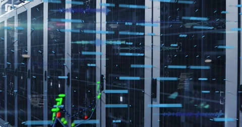 Animation of financial data processing and light spot against computer server Stockbeeldmateriaal 330469572