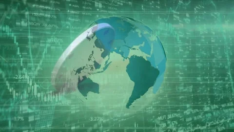 Animation of financial data processing and globe over chip Stock Footage 330474067
