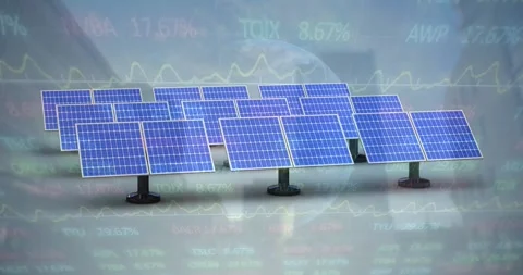 Animation of financial data processing and globe over solar panels on blue Stock Footage 330775921