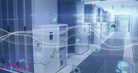 Animation of financial data processing and digital wave against computer server Vídeos de archivo 330776400