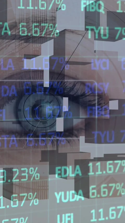 Animation of financial data processing and wooden blocks over woman's eye in Stock Footage 342004307