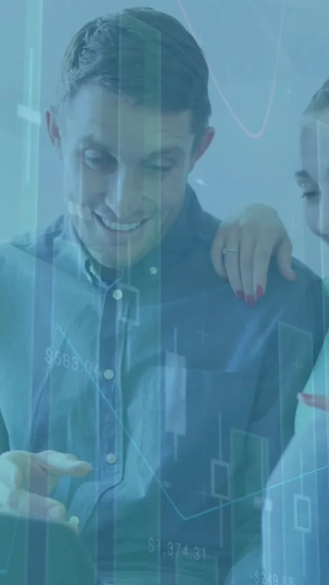 Animation of financial data processing and statistics over caucasian couple Vídeo Stock 342009921