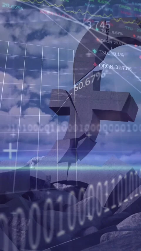 Animation of financial data processing and binary coding over british pound sign Video stock 342600857