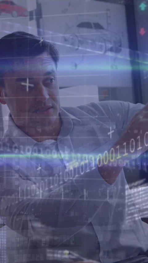 Animation of financial data processing and binary coding over caucasian students Stock Footage 343083811