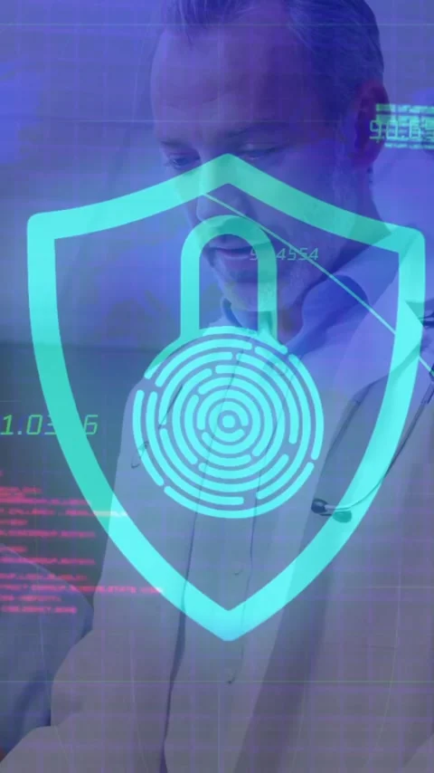 Animation of financial data processing and shield icon over diverse doctors in Stock Footage 343643656