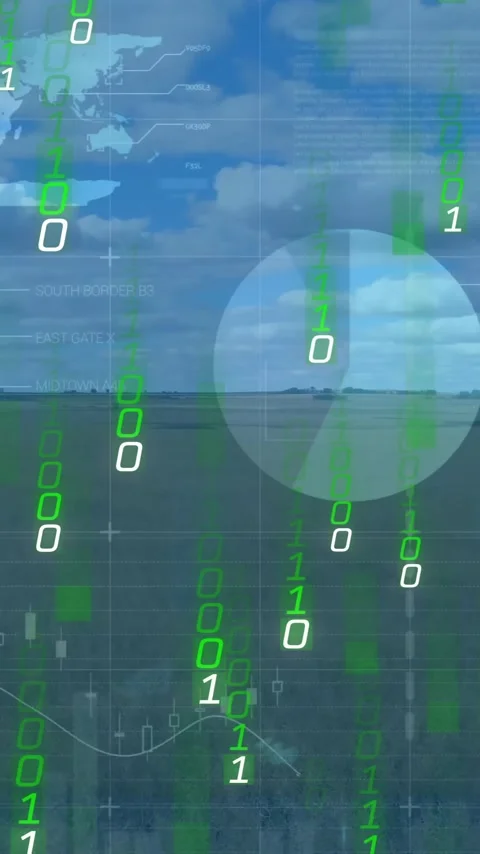 Animation of financial data processing and binary coding over landscape Stock Footage 343779994