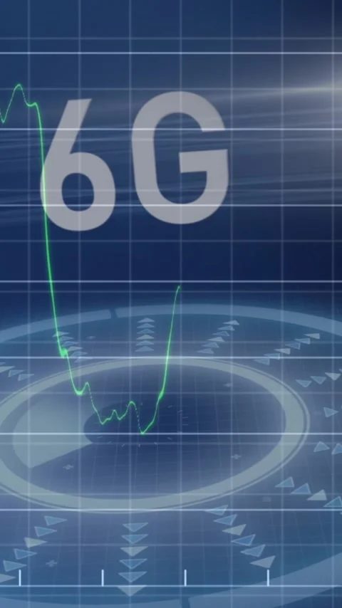 Animation of financial data processing and scope scanning with 6g on blue Stock Footage 343887440