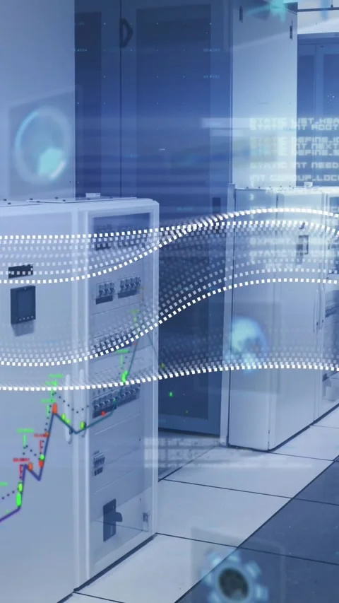 Animation of financial data processing and digital wave against computer server Stock Footage 343888080