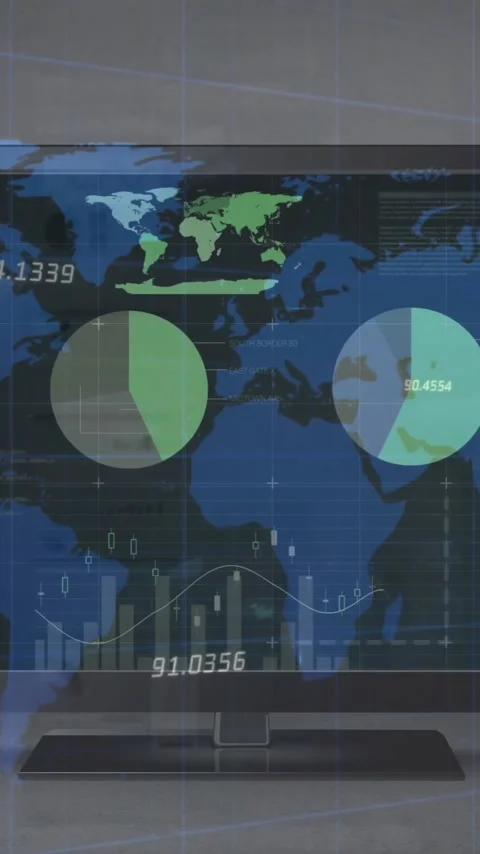 Animation of financial data processing and world map over computer screen Stock Footage 343954711