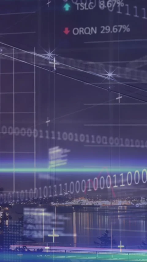Animation of financial data processing and binary coding over cityscape 動画素材 344369581