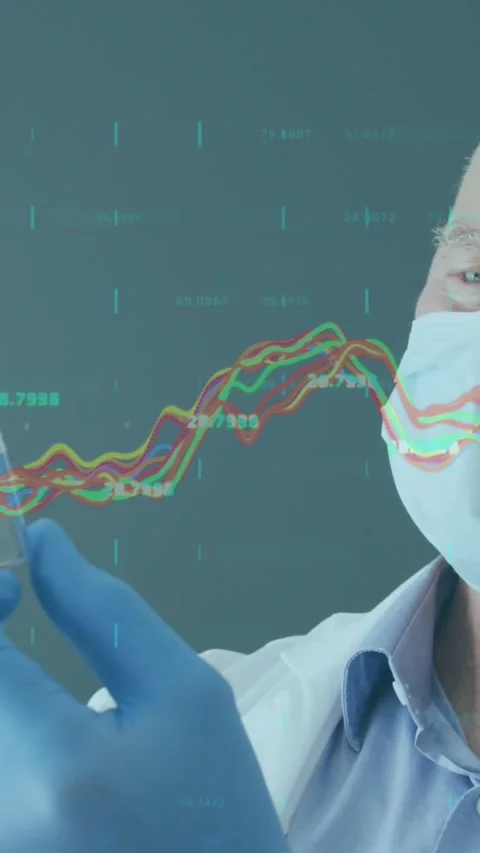 Animation of financial data processing and male doctor in face mask holding Stock Footage 344524769
