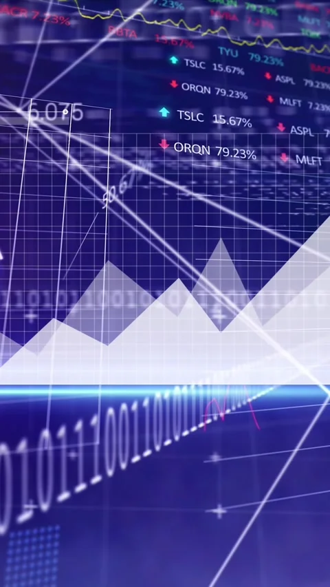 Animation of financial data processing and binary coding over dark background Vídeos de archivo 344557571