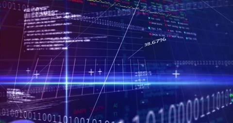 Animation of financial data processing an binary coding over grid Stock Footage 171619235