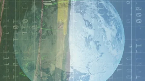 Animation of financial data processing binary coding over earth and countryside 스톡 동영상 312389713