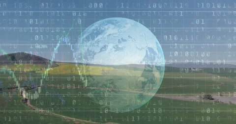Animation of financial data processing binary coding over earth and countryside 스톡 동영상 316518188