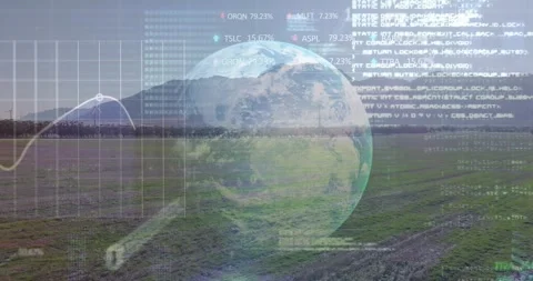 Animation of financial data processing binary coding over earth and wind Stock Footage 316518191