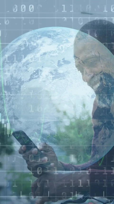 Animation of financial data processing, binary coding and globe over man using Stock Footage 319066776