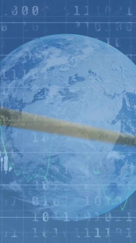 Animation of financial data processing binary coding over earth and wind turbine Stock Footage 323248078