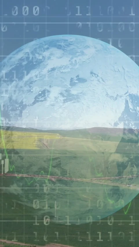 Animation of financial data processing binary coding over earth and countryside 스톡 동영상 323248089