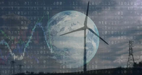 Animation of financial data processing binary coding over earth and wind turbine Stock Footage 326187708
