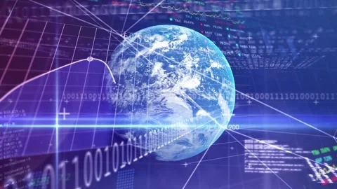 Animation of financial data processing with binary coding and globe over grid Stock Footage 326874094