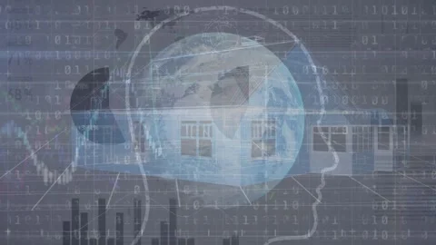 Animation of financial data processing binary coding over head, globe and house Stock Footage 327272786