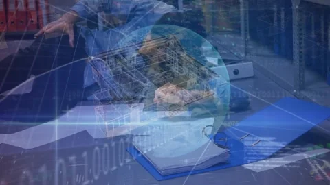 Animation of financial data processing, binary coding, globe and houses over man Stock Footage 328594378