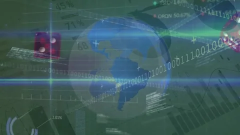 Animation of financial data processing binary coding over globe and red dice Stock Footage 329559493