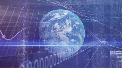 Animation of financial data processing binary coding data and globe over grid Stock Footage 329568652