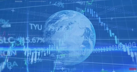 Animation of financial data processing with binary coding over globe Stock Footage 329710276