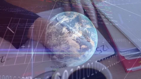 Animation of financial data processing, binary coding, globe over woman writing Stock Footage 329781678