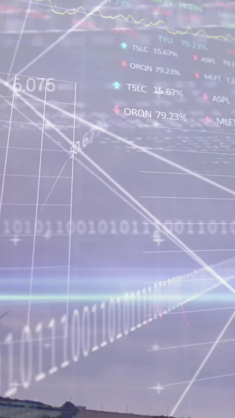 Animation of financial data processing binary coding over wind turbines 库存影片 344774380
