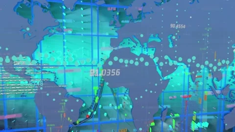 Animation of financial data processing body model over world map Stock Footage 329710412