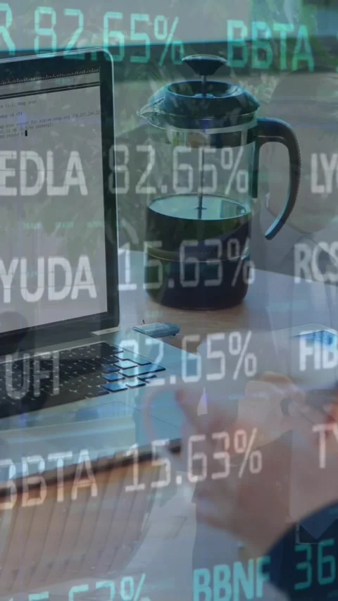Animation of financial data processing on caucasian woman drinking coffee and Stock Footage 321381698