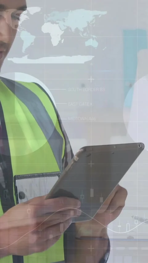 Animation of financial data processing caucasian male architect using tablet Stock Footage 342953236
