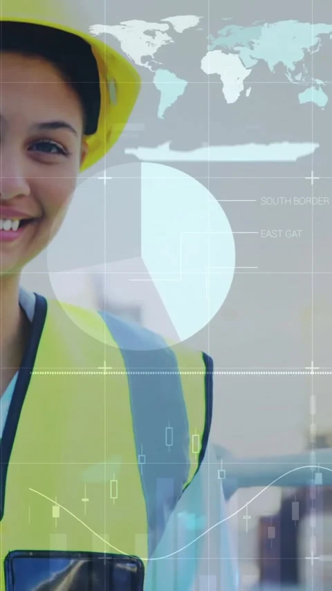 Animation of financial data processing caucasian female architect using tablet Stock Footage 342953245