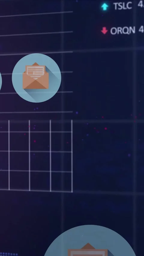 Animation of financial data processing with envelope icons on black background Stock Footage 343954710