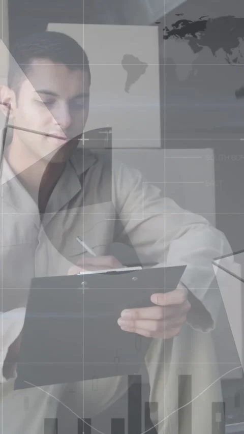 Animation of financial data processing with envelope icons over male worker in Stock Footage 344783065